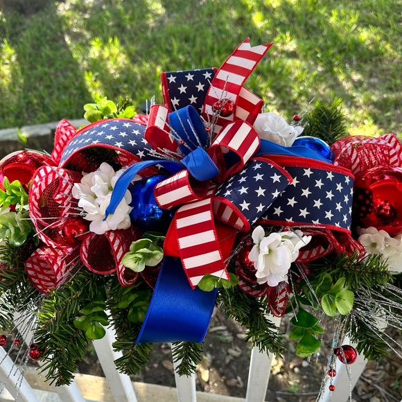 Patriotic 4th of July Wreath Centerpiece. Veterans Day Red White and Blue Decor - Picture 2 of 3